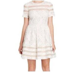 Motherhood Maternity White Lace Dress With Sheer Stripes & Short Sleeves XL
